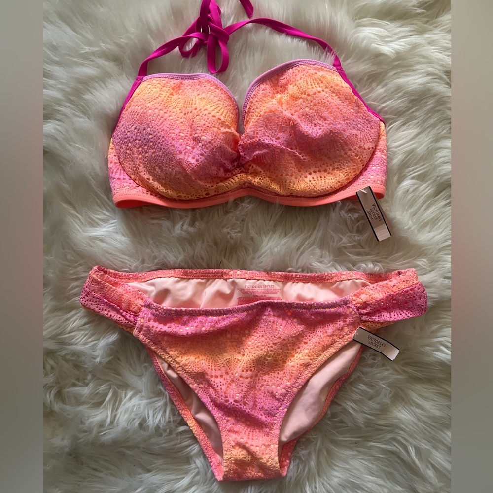 Victoria’s Secret Orange, Pink Ombre Lace Bikini Set. Sz 36DD NEW